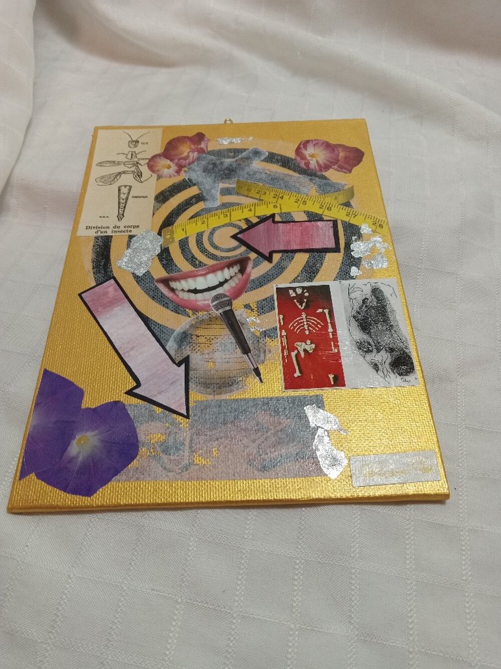 Prints of old magazines on canvas, gold paint, and mixed-media collages